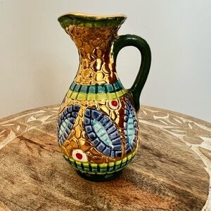 Hand-Painted Italian Pottery Pitcher with Gold Accents